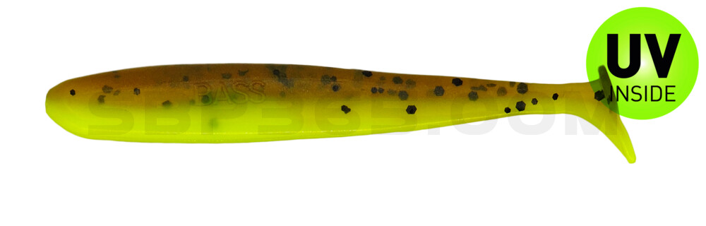 Bass Shad 3“ (ca. 9 cm) fluogelb  / olivebraun-Glitter