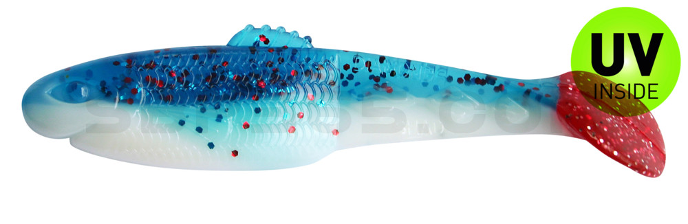Diamond Shad 3,5" (ca. 10,0 cm) reinweiss / klar blau Glitter / red tail