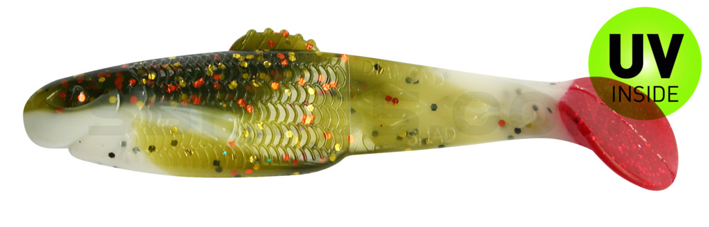 Diamond Shad 3,5" (ca. 10,0 cm) reinweiss / olive-tree-Glitter / red tail
