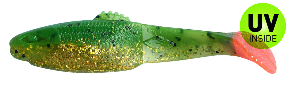 Diamond Shad 5" (ca. 13,5 cm) dunkelgrün Glitter  / klar gold Glitter / red tail