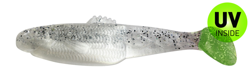 Diamond Shad 5" (ca. 13,5 cm) perlweiss / klar salt´n pepper Glitter / lime tail