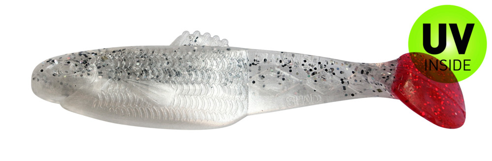 Diamond Shad 5" (ca. 13,5 cm) perlweiss / klar salt´n pepper Glitter / red tail
