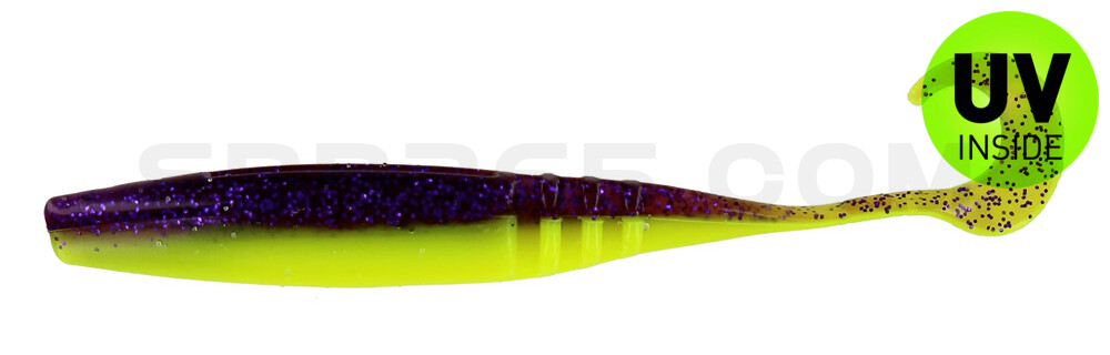 Jointed Jerk Minnow Curl Tail 3.75" (ca. 9 cm) im Zip Bag Purple Glitter/ Opaque Chartreuse