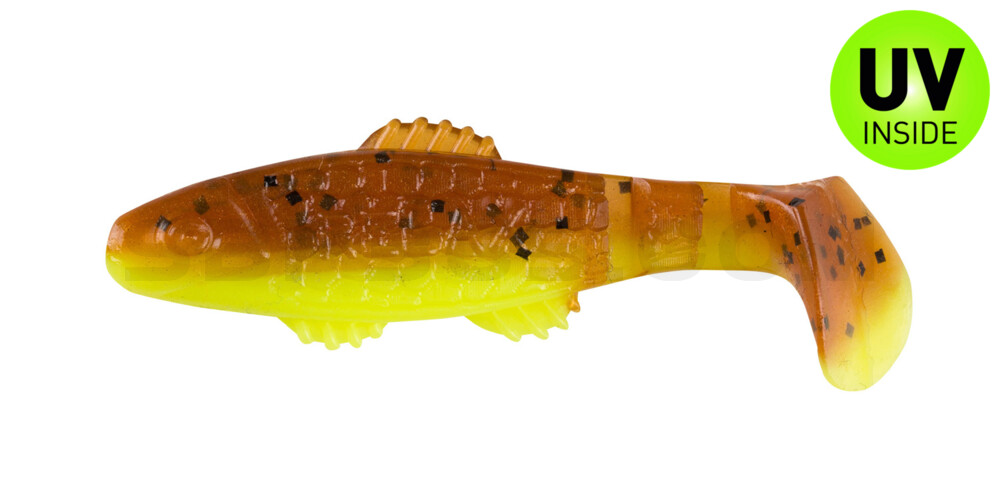 Killer Shad 2" (ca. 5,0 cm) fluogelb  / olivebraun-Glitter