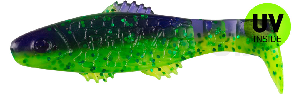 Killer Shad 3" (ca. 8,0 cm) grün (chartreuse)-Glitter / blau-violett Glitter