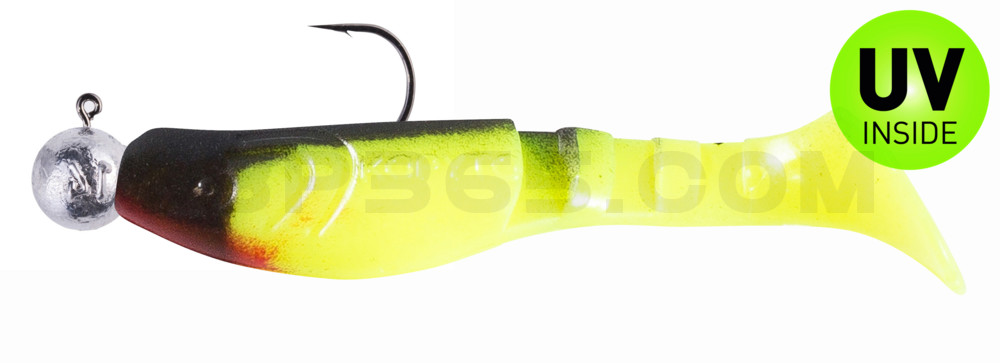 Kopyto-Classic 3" (ca. 8,0 cm) fluogelb / schwarz, montiert auf SXRO 4/0 10g