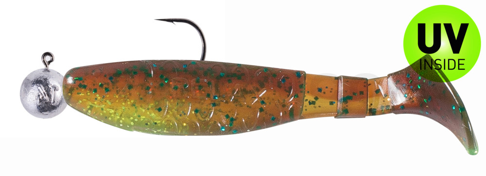 Kopyto-Classic 3" (ca. 8,0 cm) grün (chartreuse)-Glitter / motoroil Glitter, montiert auf SXRO 4/0 10g