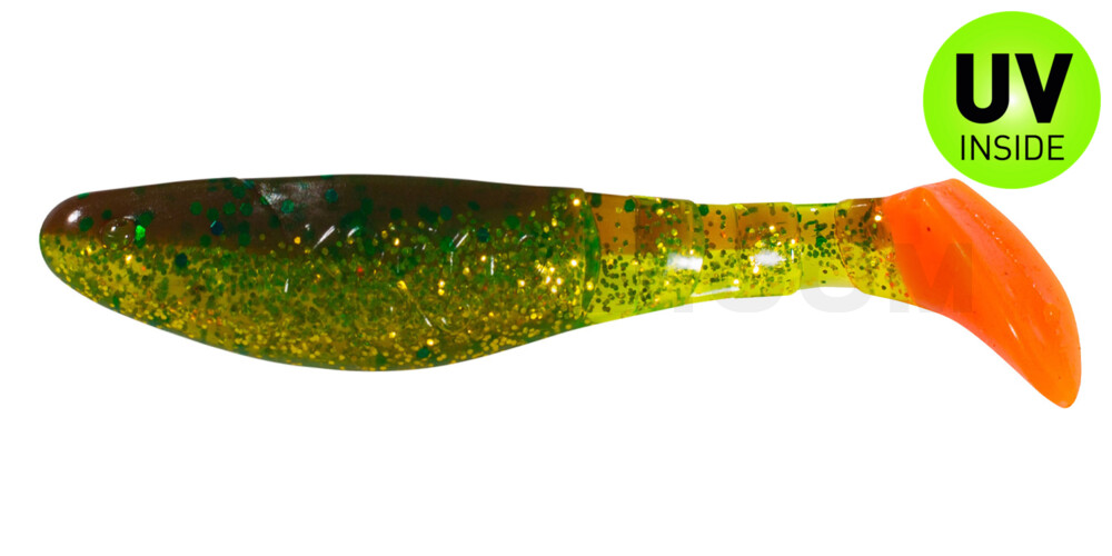 Kopyto-Classic 3" (ca. 8,0 cm) grün (chartreuse)-Glitter / motoroil Glitter / red tail