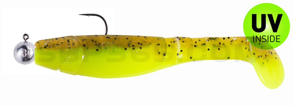 Kopyto-Classic 4" (ca. 11,0 cm) fluogelb  / olivebraun-Glitter, montiert auf SXRO 6/0 10g