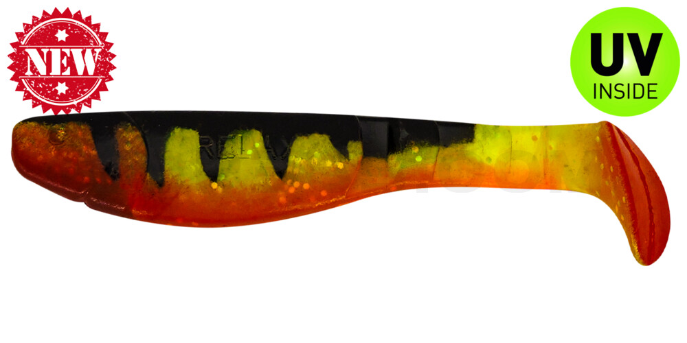 Kopyto-Classic 4" (ca. 11,0 cm) grün(chartreuse)-Glitter / Zander / bauch: orange / red tail