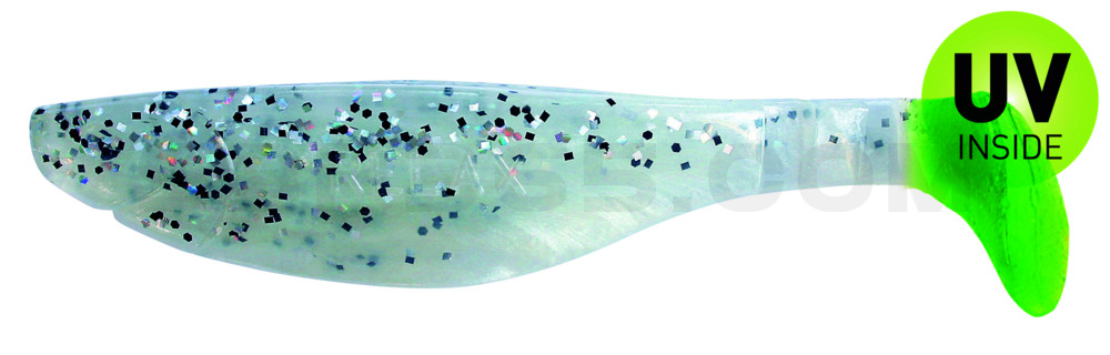Kopyto-River 4" (ca. 11,0 cm) perlweiss / klar salt´n pepper Glitter / Lime Tail