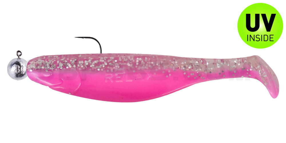 Kopyto-River 4" (ca. 12,0 cm) bubblegum / klar silber Glitter, montiert auf SXRO 6/0 10g