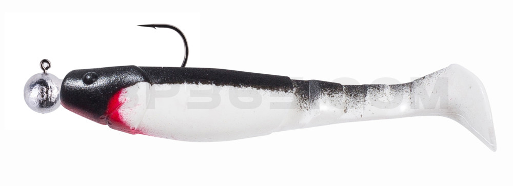 Kopyto-River 4" (ca. 12,0 cm) reinweiss / schwarz montiert auf SXRO 6/0 10g