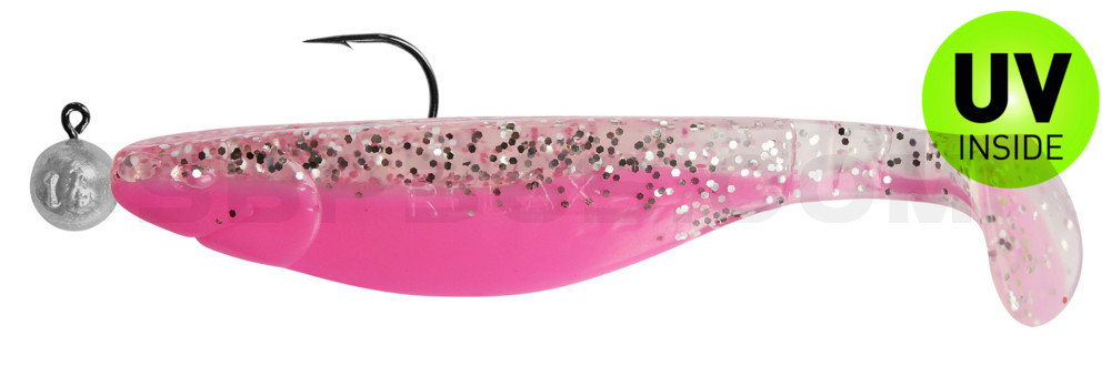Kopyto-River 5" (ca. 14,0 cm) bubblegum / klar silber Glitter, montiert auf MUXRO 8/0 15g