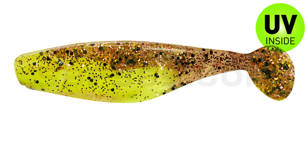 Shad 3" (ca. 8,0 cm) fluogelb  / klar kupfer, schwarz Glitter