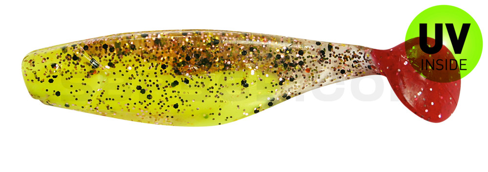 Shad 3" (ca. 8,0 cm) fluogelb  / klar kupfer, schwarz Glitter / red tail