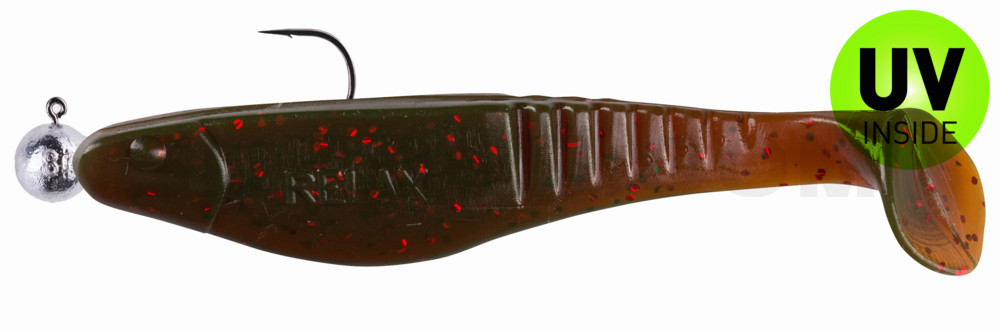 Shark 4" (ca. 11,0 cm) motoroil-rot-Glitter, montiert auf SXRO 6/0 10g