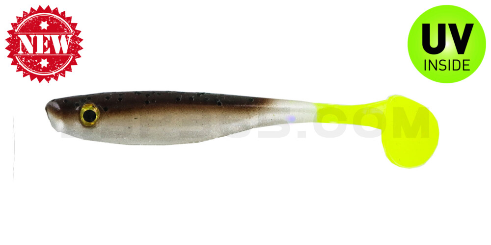 Suicide Shad 3,5" (ca. 9 cm) im Hartschalenblister Green Pumpkin/Pearl Belly/Chart Tail