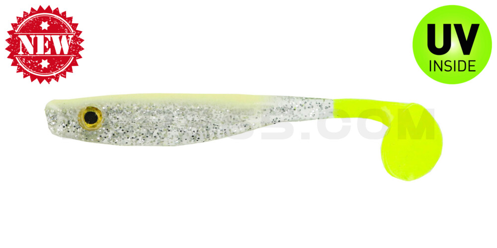 Suicide Shad 5" (ca. 13 cm) im Hartschalenblister Bone Silver Glitter/Chart Tail