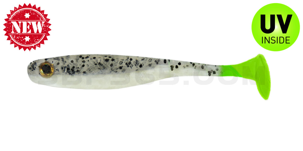 Suicide Shad 5" (ca. 13 cm) im Hartschalenblister perlweiss / klar salt´n pepper Glitter / Lime Tail