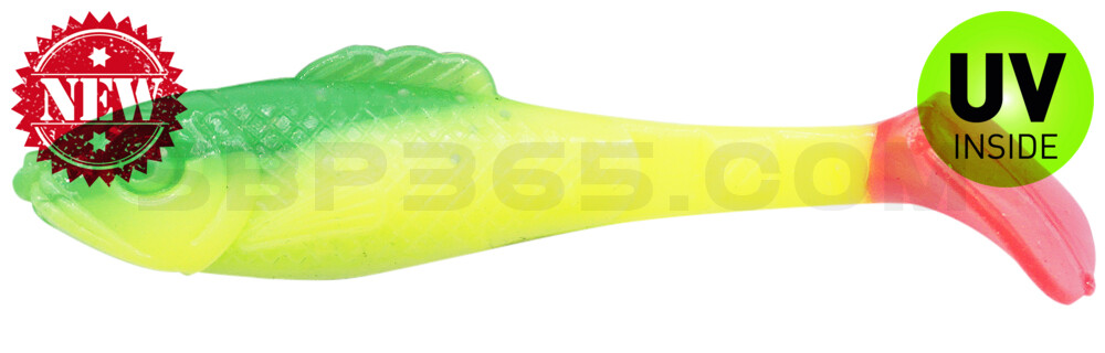 Super Shad 3" (ca. 8 cm) fluogelb / grün-Glitter / red tail