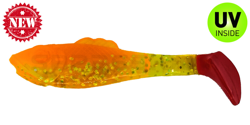 Super Shad 3" (ca. 8 cm) orange-Glitter / fluogrün-Glitter / red tail