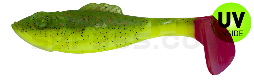 Super Shad 4" (ca. 11 cm) fluogelb  / grün-Glitter / red tail
