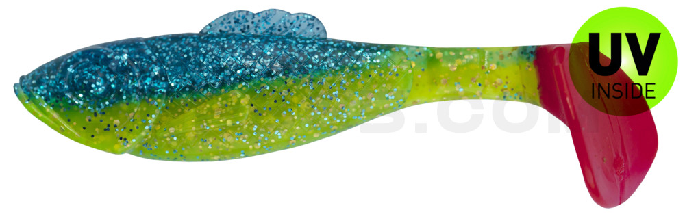 Super Shad 4" (ca. 11 cm) grün (chartreuse)-Glitter / blau-violett Glitter / red tail