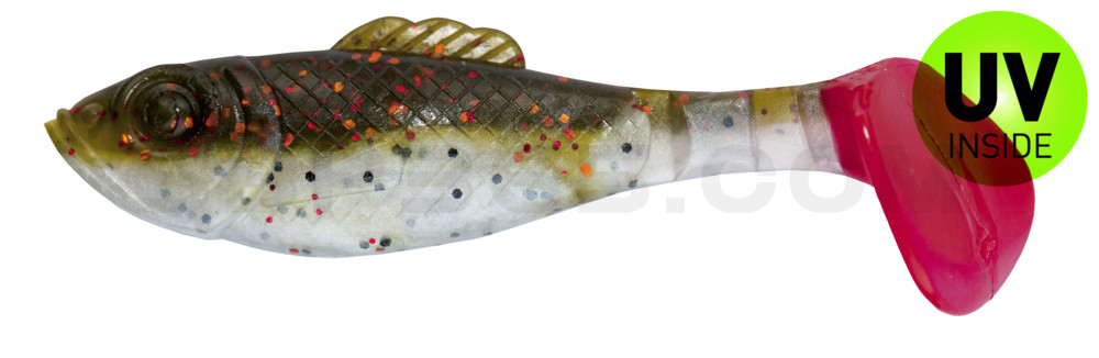 Super Shad 4" (ca. 11 cm) reinweiss / olive-tree-Glitter / red tail