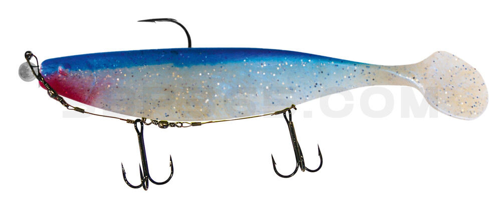 Xtra-Soft 9" (ca. 23,0 cm) blauperl-Glitter / blau, montiert auf MUXRO 12/0 15g, mit Beihänger-System