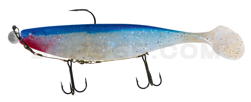 Xtra-Soft 9" (ca. 23,0 cm) blauperl-Glitter / blau, montiert auf MUXRO 12/0 25g, mit Beihänger-System