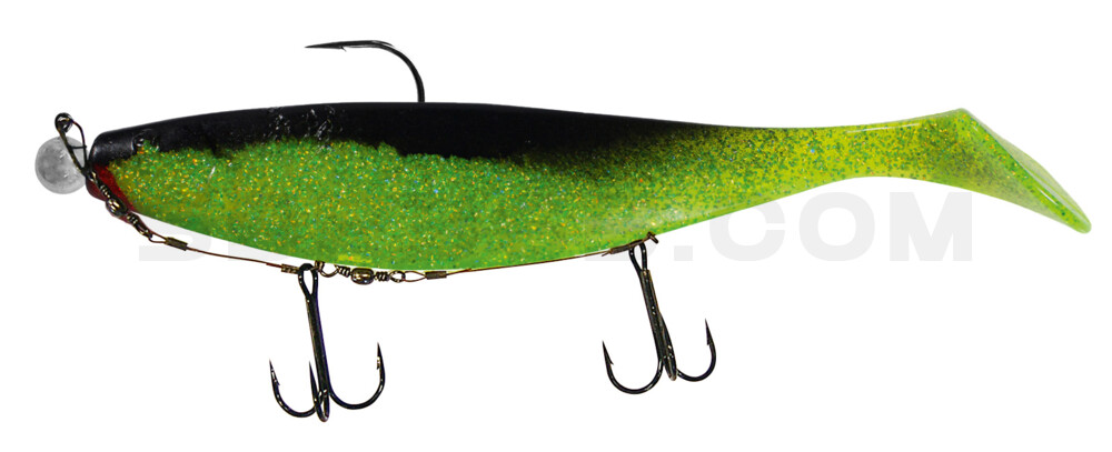 Xtra-Soft 9" (ca. 23,0 cm) grün (chartreuse) glitter / schwarz, montiert auf MUXRO 12/0 25g