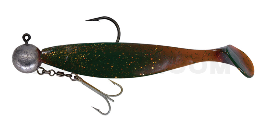 Xtra-Soft 9" (ca. 23,0 cm) motoroil gold-glitter, montiert HMEG 16/0 240g mit Beihänger