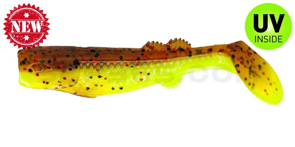 California 3" (ca. 8,0 cm) fluogelb  / olivebraun-schwarz, rot Glitter