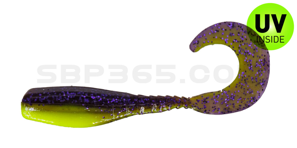 Curly Tail Crappie Minnow 2"  (ca. 5 cm) im Zip Bag Purple Glitter/Opaque Chartreuse