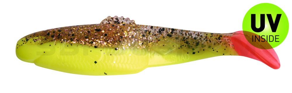 Diamond Shad 3,5" (ca. 10,0 cm) fluogelb  / klar kupfer, schwarz Glitter / red tail