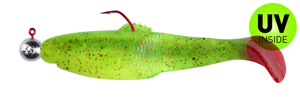 Diamond Shad 5" (ca. 13,5 cm) fluogelb  / grün-Glitter / Red Tail, montiert auf HBA 5/0 12g