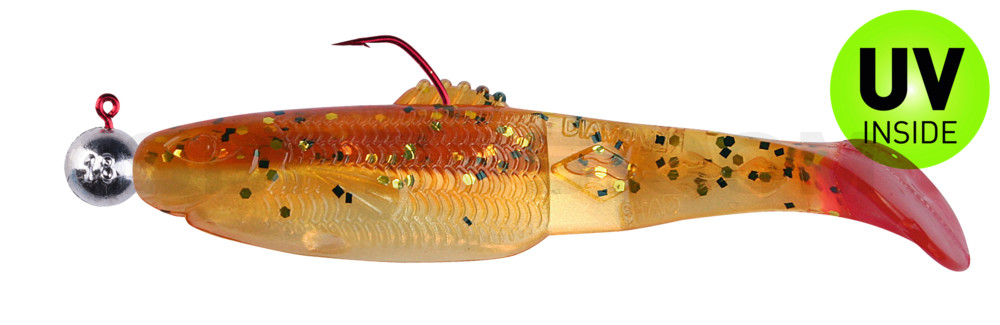 Diamond Shad 5" (ca. 13,5 cm) goldperl / motoroil Glitter / Red Tail, montiert auf HBA 5/0 12g