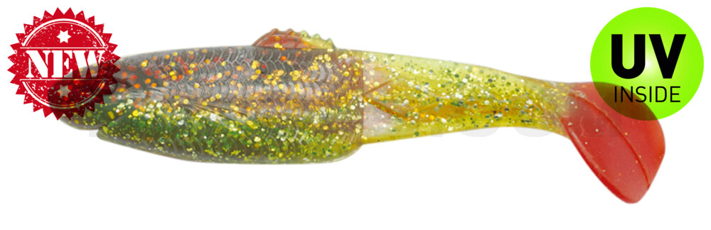 Diamond Shad 5" (ca. 13,5 cm) grün (chartreuse)-Glitter / motoroil Glitter / red tail