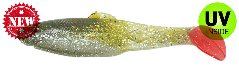 Diamond Shad 5" (ca. 13,5 cm) selbstleuchtend Glitter / Kaulbarsch / red Tail