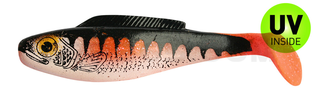 Fin Ripper 5" (ca. 12,0 cm) fluoorange Glitter / Zander / Bauch: weiß