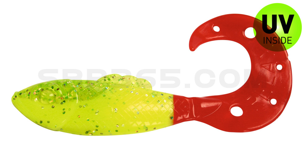 Killer Grub 4" (ca. 12,0 cm) fluogelb  / fluogrün-Glitter / red tail