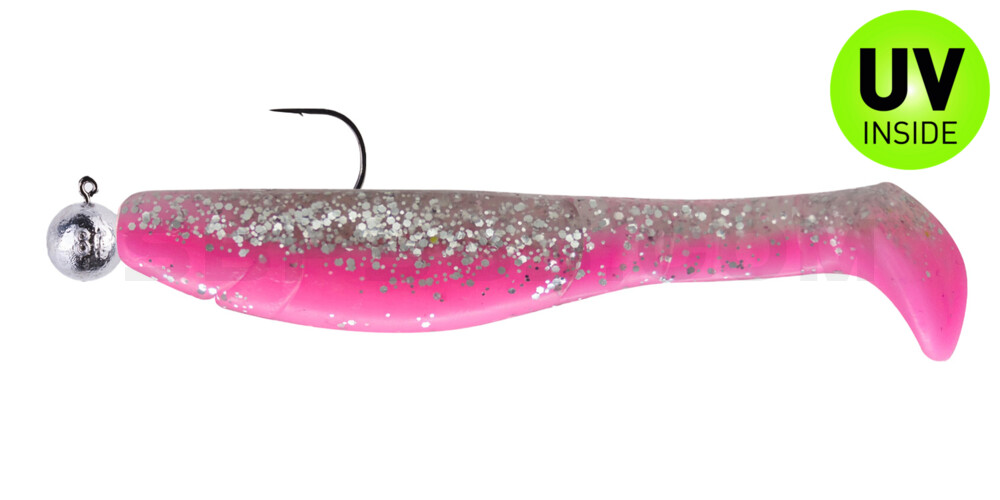 Kopyto-Classic 4" (ca. 11,0 cm) bubblegum / klar silber Glitter, montiert auf SXRO 6/0 10g