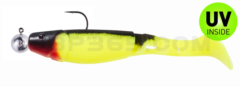 Kopyto-Classic 4" (ca. 11,0 cm) fluogelb / schwarz, montiert auf SXRO 6/0 10g