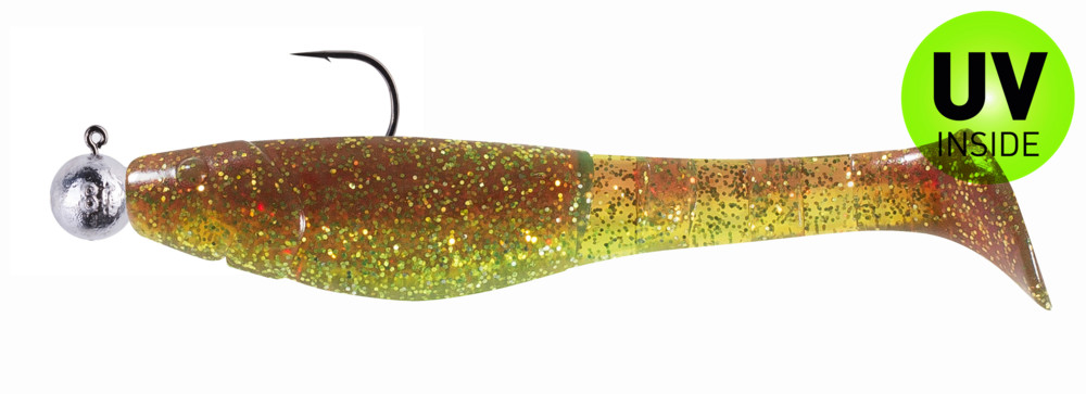 Kopyto-Classic 4" (ca. 11,0 cm) grün (chartreuse)-Glitter / motoroil Glitter, montiert auf SXRO 6/0 10g