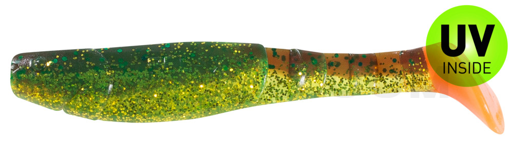 Kopyto-Classic 4" (ca. 11,0 cm) grün (chartreuse)-Glitter / motoroil Glitter / red tail