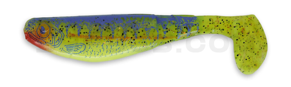 Kopyto-Nature 2,5" (ca.7,0 cm) fluogelb-fluogrün-gl./Zanderbedruckung / blau