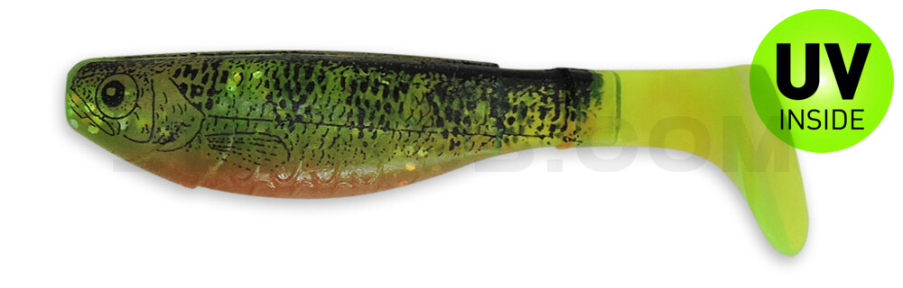 Kopyto-Nature 3" (ca. 8,0 cm) grün(chartreuse) Glitter / Barsch / Bauch: orange