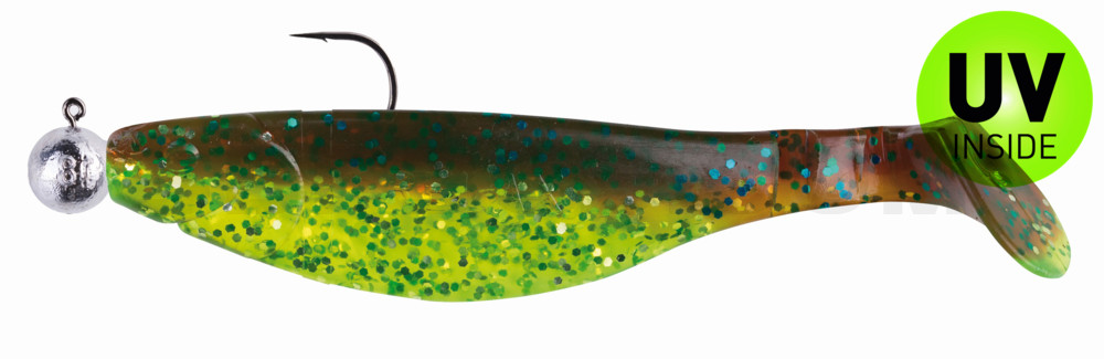 Kopyto-River 4" (ca. 12,0 cm) grün (chartreuse)-Glitter / motoroil Glitter, montiert auf SXRO 6/0 10g