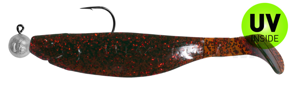 Kopyto-River 5" (ca. 14,0 cm) motoroil-rot-Glitter, montiert auf MUXRO 8/0 15g